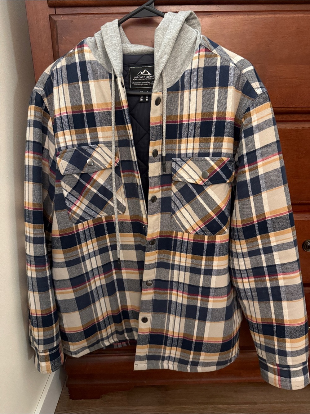 Outdoor Jacket Navy, Cream & Tan Plaid Hooded Flannel